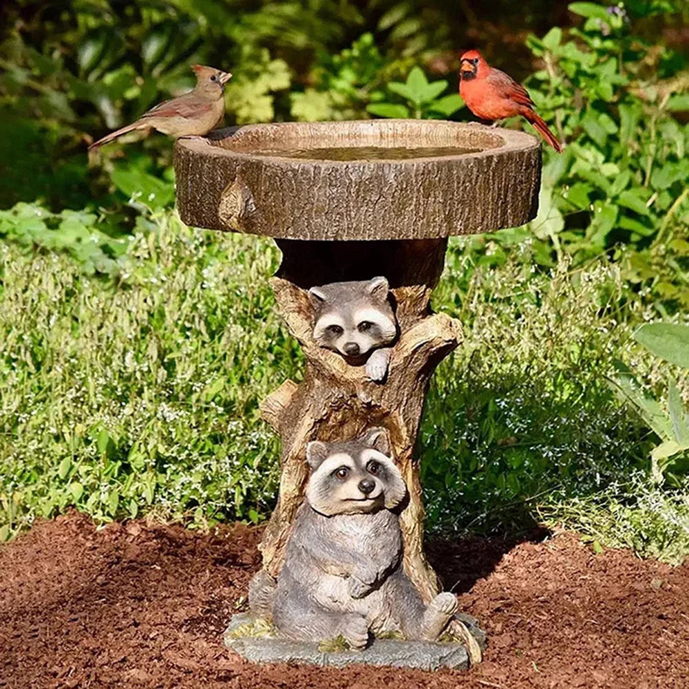 New Retro Resin Raccoon Birdbath Polyresin Sunflower Bird Bath Feeder Animal Antique Garden Yard Decor Outdoor Indoor Ornaments