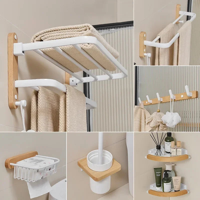 Wooden Bathroom Hardware Sets Towel Ring Rack Paper Holder Towel Bar Hook Beech Shelf Bathroom Accessories White Kit