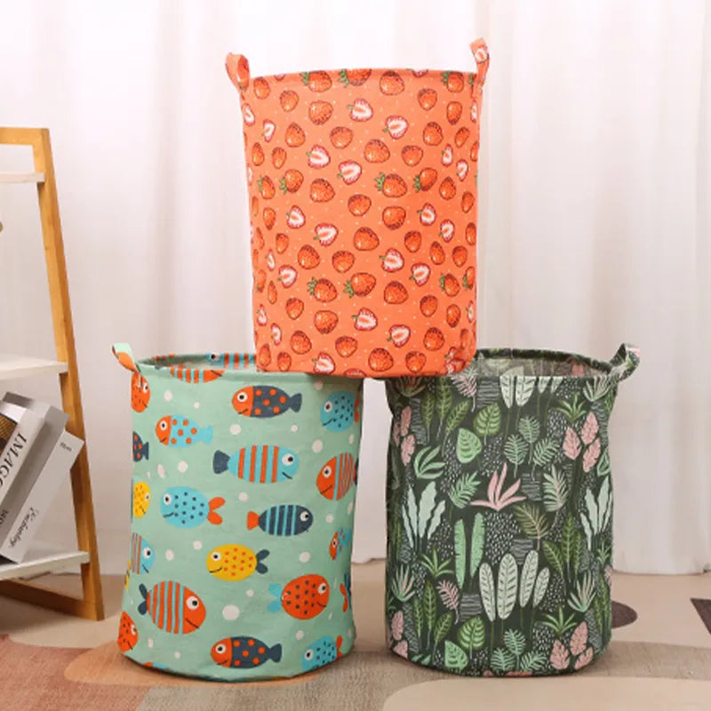 Print Laundry Basket Foldable Home Laundry Storage Bag Portable Cotton Linen Hamper For Kids Toys Dirty Clothes Basket Organizer