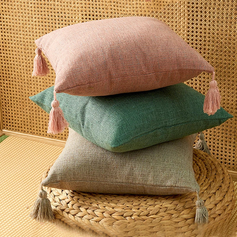 Solid Plain Linen Cotton Pillow Cover With Tassels Yellow Beige Home Decor Cushion Cover 45x45cm Pillow Case Sofa Throw Pillow